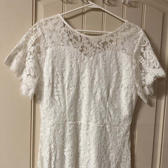 MSLG Size XL White Dress Floral Lace Overlay Lined Flutter Sleeve Scoop Neck NEW - Picture 2 of 8